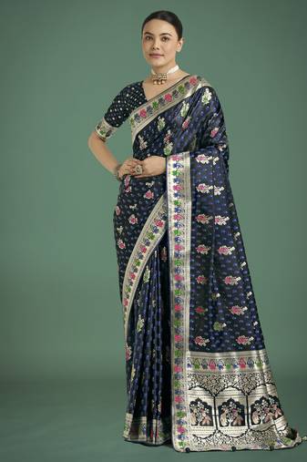 blue silk blend banarasi jacuard work saree with unstitched blouse piece