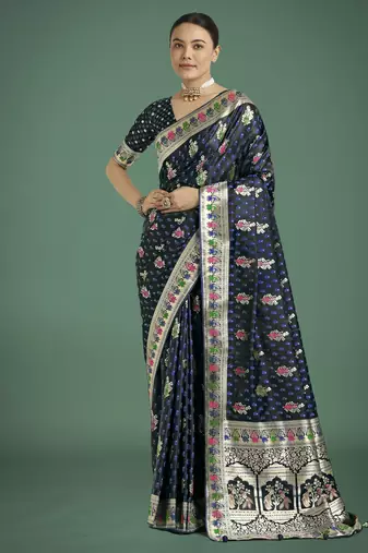 blue silk blend banarasi jacuard work saree with unstitched blouse piece
