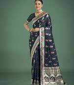 blue silk blend banarasi jacuard work saree with unstitched blouse piece