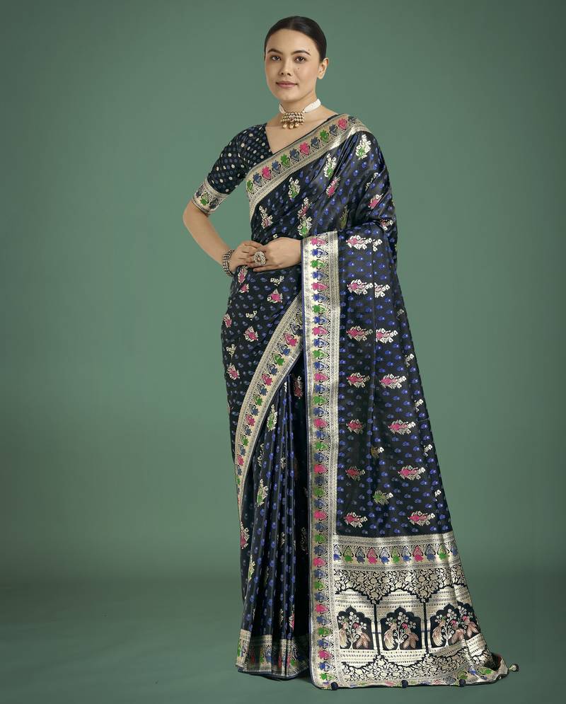 blue silk blend banarasi jacuard work saree with unstitched blouse piece