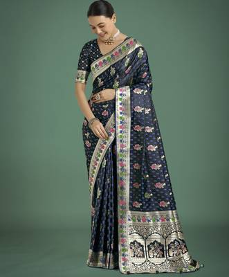 blue silk blend banarasi jacuard work saree with unstitched blouse piece 2