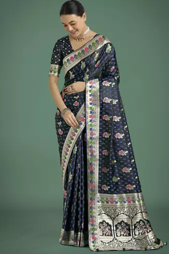 blue silk blend banarasi jacuard work saree with unstitched blouse piece