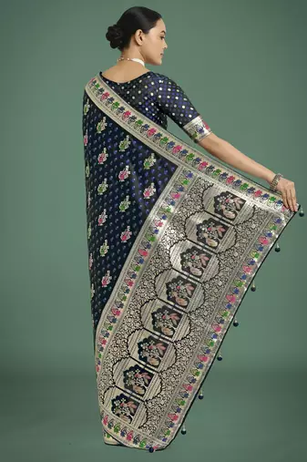 blue silk blend banarasi jacuard work saree with unstitched blouse piece