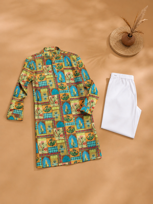 Multi color digital print with chikankari embroidery work rayon men's kurta payjama set 5