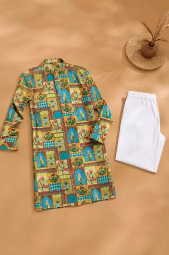 Multi color digital print with chikankari embroidery work rayon men's kurta payjama set