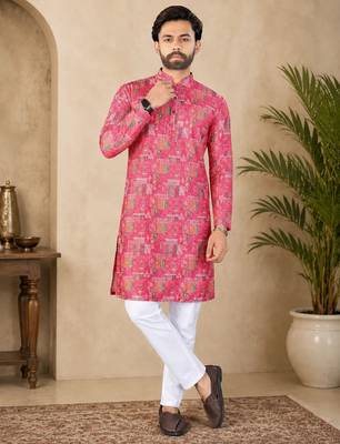 Pink color digital print with chikankari embroidery work rayon men's kurta payjama set 1