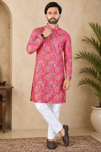 Pink color digital print with chikankari embroidery work rayon men's kurta payjama set