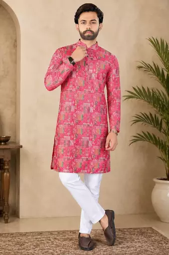 Pink color digital print with chikankari embroidery work rayon men's kurta payjama set