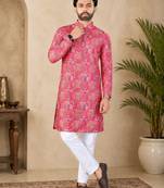 Pink color digital print with chikankari embroidery work rayon men's kurta payjama set