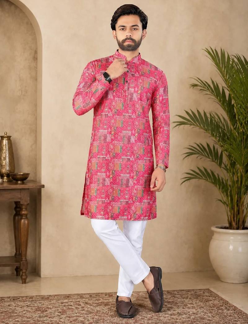 Pink color digital print with chikankari embroidery work rayon men's kurta payjama set