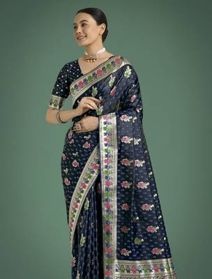 blue silk blend banarasi jacuard work saree with unstitched blouse piece 4