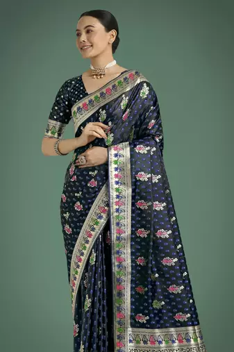blue silk blend banarasi jacuard work saree with unstitched blouse piece