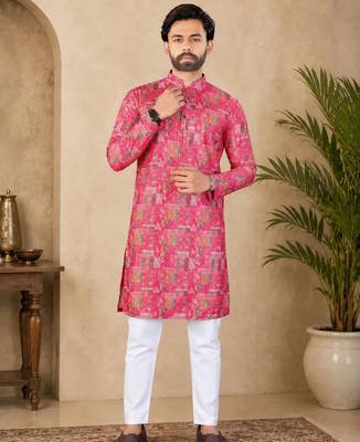 Pink color digital print with chikankari embroidery work rayon men's kurta payjama set 2