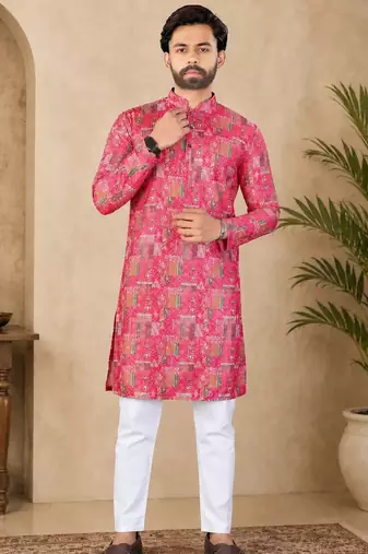 Pink color digital print with chikankari embroidery work rayon men's kurta payjama set