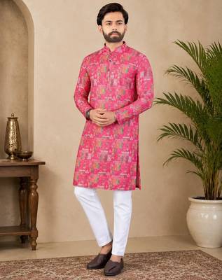 Pink color digital print with chikankari embroidery work rayon men's kurta payjama set 3