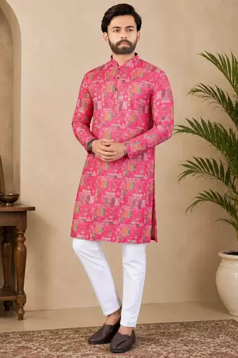 Pink color digital print with chikankari embroidery work rayon men's kurta payjama set