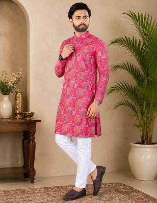 Pink color digital print with chikankari embroidery work rayon men's kurta payjama set 4