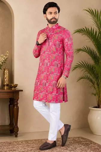 Pink color digital print with chikankari embroidery work rayon men's kurta payjama set