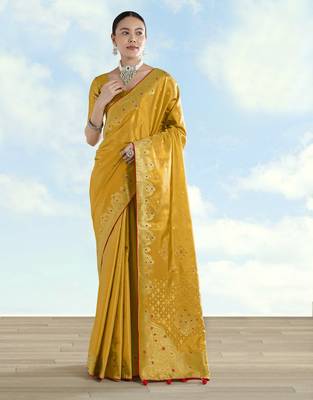 yellow silk blend banarasi jacuard work saree with unstitched blouse piece 1