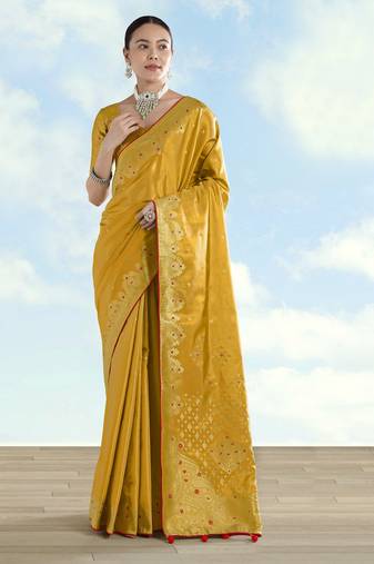 yellow silk blend banarasi jacuard work saree with unstitched blouse piece