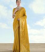 yellow silk blend banarasi jacuard work saree with unstitched blouse piece
