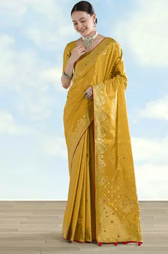 yellow silk blend banarasi jacuard work saree with unstitched blouse piece