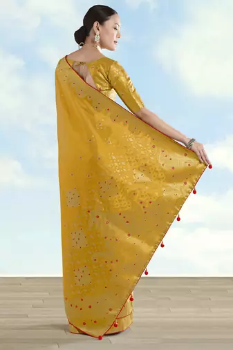 yellow silk blend banarasi jacuard work saree with unstitched blouse piece