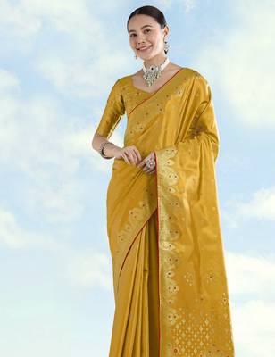 yellow silk blend banarasi jacuard work saree with unstitched blouse piece 4