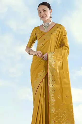 yellow silk blend banarasi jacuard work saree with unstitched blouse piece