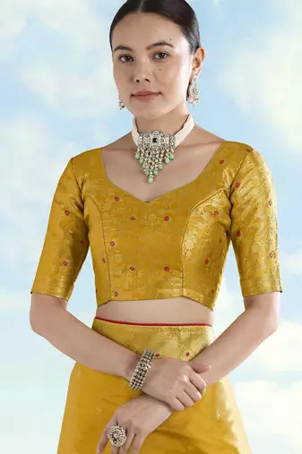yellow silk blend banarasi jacuard work saree with unstitched blouse piece