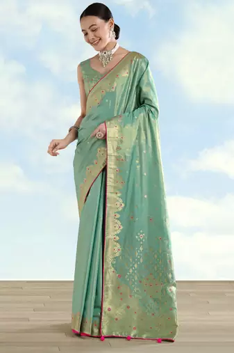 rama silk blend banarasi jacuard work saree with unstitched blouse piece