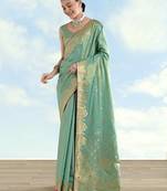 rama silk blend banarasi jacuard work saree with unstitched blouse piece