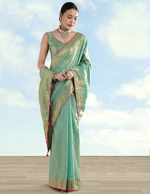 rama silk blend banarasi jacuard work saree with unstitched blouse piece 2