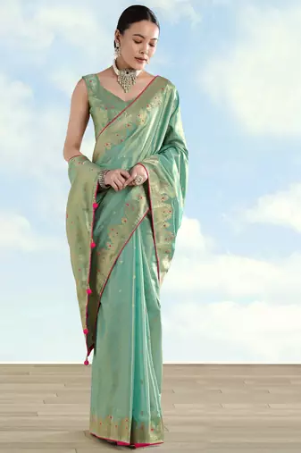 rama silk blend banarasi jacuard work saree with unstitched blouse piece