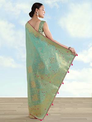 rama silk blend banarasi jacuard work saree with unstitched blouse piece 3