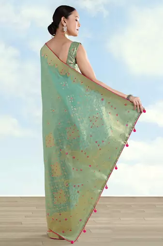 rama silk blend banarasi jacuard work saree with unstitched blouse piece