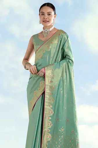 rama silk blend banarasi jacuard work saree with unstitched blouse piece