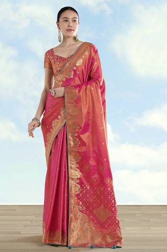 pink silk blend banarasi jacuard work saree with unstitched blouse piece
