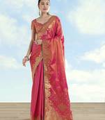 pink silk blend banarasi jacuard work saree with unstitched blouse piece