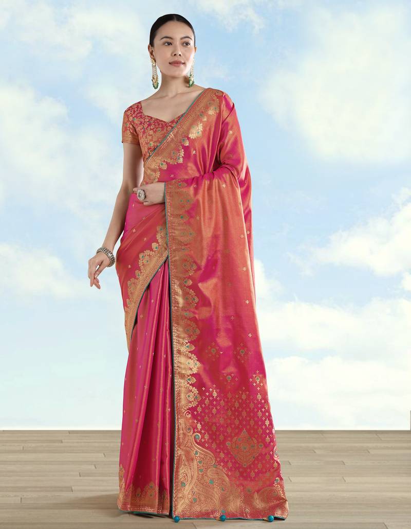 pink silk blend banarasi jacuard work saree with unstitched blouse piece