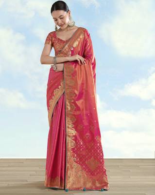 pink silk blend banarasi jacuard work saree with unstitched blouse piece 2