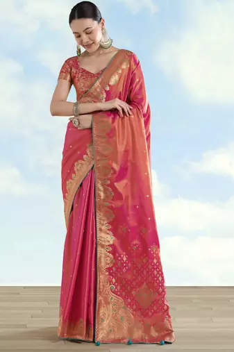 pink silk blend banarasi jacuard work saree with unstitched blouse piece