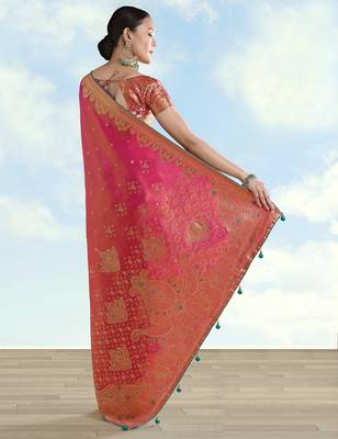 pink silk blend banarasi jacuard work saree with unstitched blouse piece 3