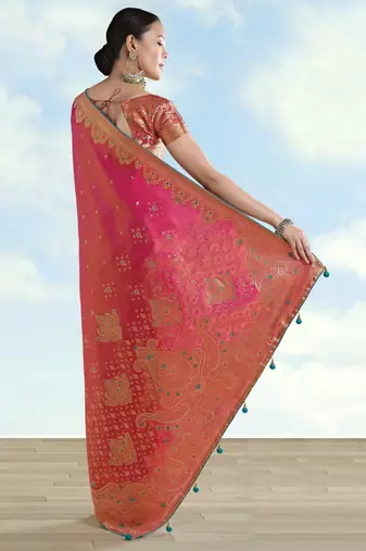 pink silk blend banarasi jacuard work saree with unstitched blouse piece