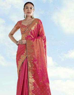 pink silk blend banarasi jacuard work saree with unstitched blouse piece 4