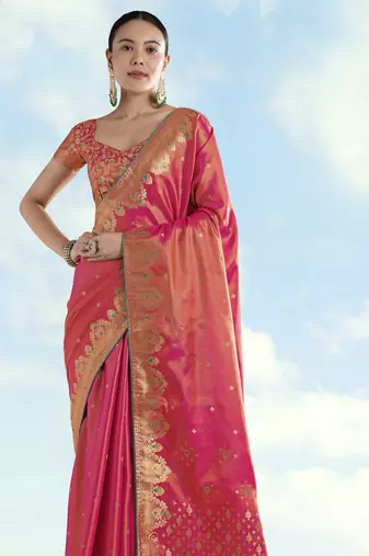 pink silk blend banarasi jacuard work saree with unstitched blouse piece