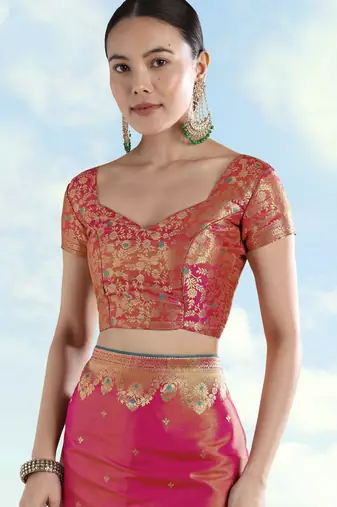 pink silk blend banarasi jacuard work saree with unstitched blouse piece