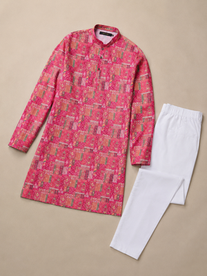 Pink color digital print with chikankari embroidery work rayon men's kurta payjama set 5