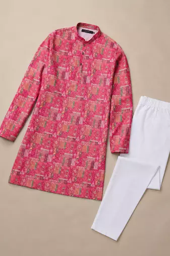 Pink color digital print with chikankari embroidery work rayon men's kurta payjama set
