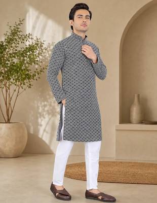 Black color handcrafted luckhnawi chikankari cotton men's kurta payjama set 1